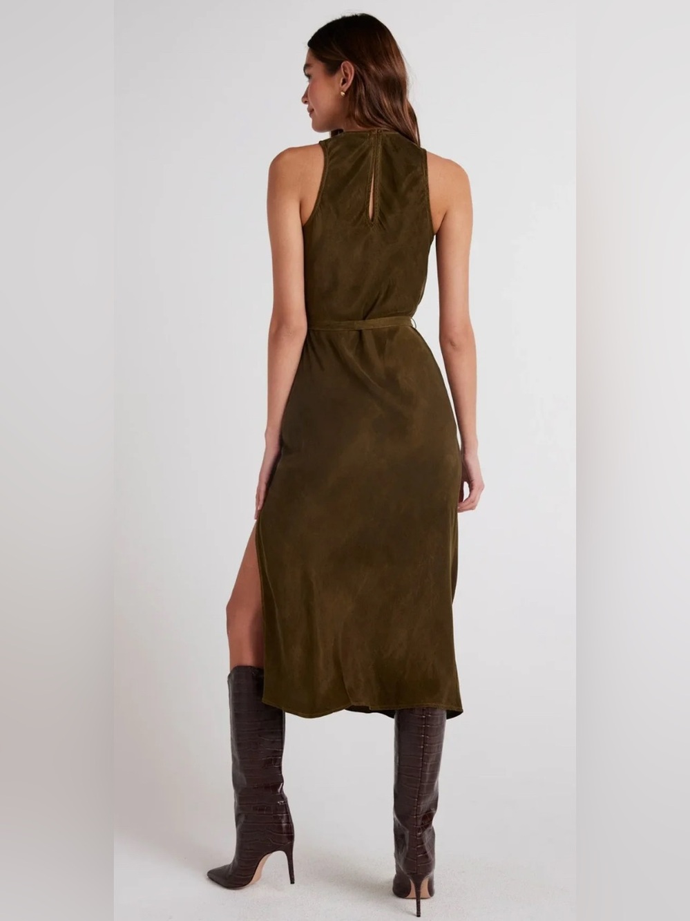 Bella Dahl Olive Green Tank Slip Maxi Dress Cupro Blend Size S